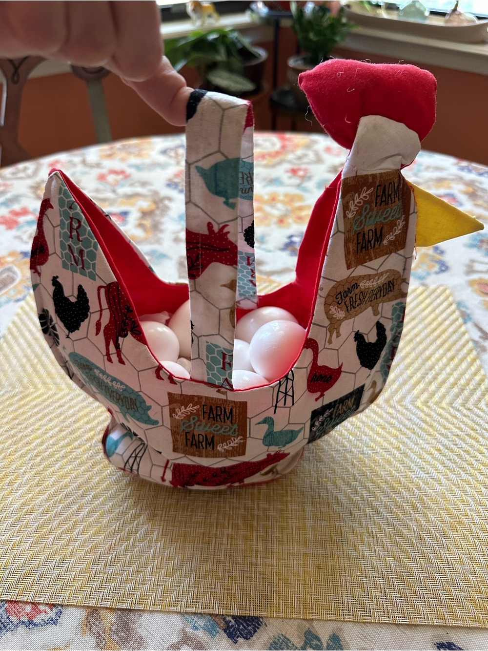 Farm Print Red Plush Chicken Basket for Collecting eggs